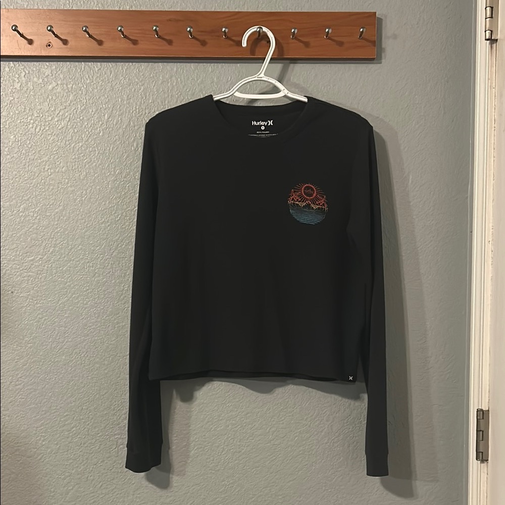 HURLEY Black Cropped Long-Sleeve Beach Rainbow Pattern Shirt Size Small